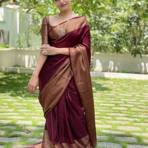 AXONIT Women's Premium Jacquard Silk Saree with Floral Brocade Border & Pallu Design with Unstitched Blouse Piece