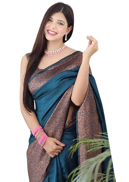 AXONIT Women's Premium Jacquard Silk Saree with Floral Brocade Border & Pallu Design with Unstitched Blouse Piece
