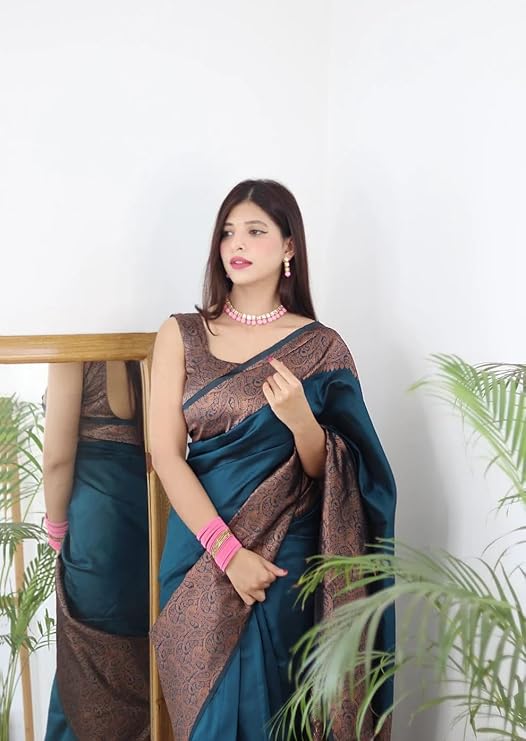 AXONIT Women's Premium Jacquard Silk Saree with Floral Brocade Border & Pallu Design with Unstitched Blouse Piece