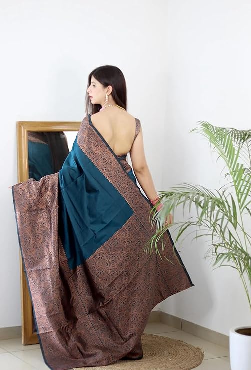 AXONIT Women's Premium Jacquard Silk Saree with Floral Brocade Border & Pallu Design with Unstitched Blouse Piece