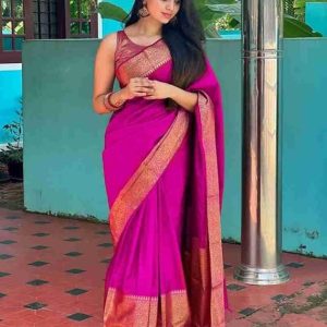 AXONIT Women's Premium Jacquard Silk Saree with Floral Brocade Border & Pallu Design with Unstitched Blouse Piece