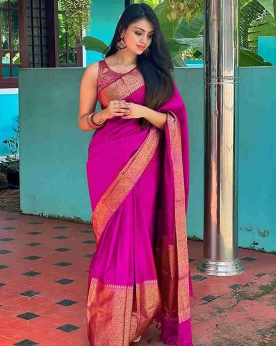 AXONIT Women's Premium Jacquard Silk Saree with Floral Brocade Border & Pallu Design with Unstitched Blouse Piece