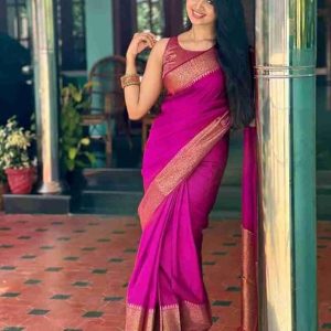 AXONIT Women's Premium Jacquard Silk Saree with Floral Brocade Border & Pallu Design with Unstitched Blouse Piece