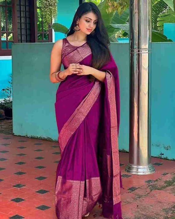 AXONIT Women's Premium Jacquard Silk Saree with Floral Brocade Border & Pallu Design with Unstitched Blouse Piece
