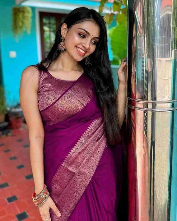AXONIT Women's Premium Jacquard Silk Saree with Floral Brocade Border & Pallu Design with Unstitched Blouse Piece