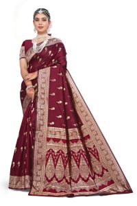 AXONIT Women's Premium Jacquard Silk Saree with Royal Floral & Paisley Design & Antique Gold Zari Border with Unstitched Blouse Piece - Maroon