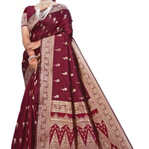 AXONIT Women's Premium Jacquard Silk Saree with Royal Floral & Paisley Design & Antique Gold Zari Border with Unstitched Blouse Piece - Maroon