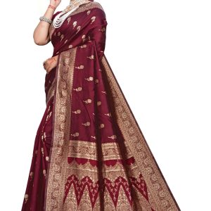 AXONIT Women's Premium Jacquard Silk Saree with Royal Floral & Paisley Design & Antique Gold Zari Border with Unstitched Blouse Piece - Maroon