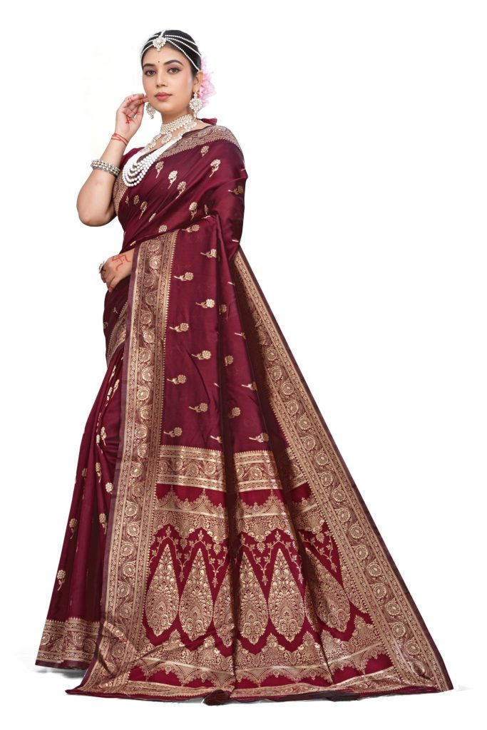 AXONIT Women's Premium Jacquard Silk Saree with Royal Floral & Paisley Design & Antique Gold Zari Border with Unstitched Blouse Piece - Maroon