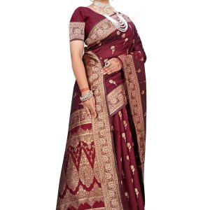 AXONIT Women's Premium Jacquard Silk Saree with Royal Floral & Paisley Design & Antique Gold Zari Border with Unstitched Blouse Piece - Maroon