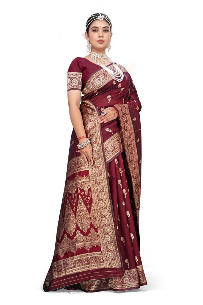 AXONIT Women's Premium Jacquard Silk Saree with Royal Floral & Paisley Design & Antique Gold Zari Border with Unstitched Blouse Piece - Maroon