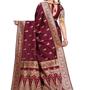 AXONIT Women's Premium Jacquard Silk Saree with Royal Floral & Paisley Design & Antique Gold Zari Border with Unstitched Blouse Piece - Maroon