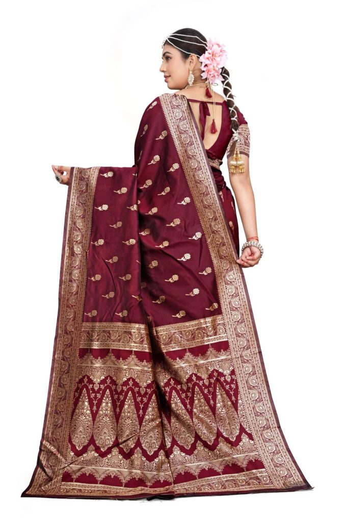 AXONIT Women's Premium Jacquard Silk Saree with Royal Floral & Paisley Design & Antique Gold Zari Border with Unstitched Blouse Piece - Maroon