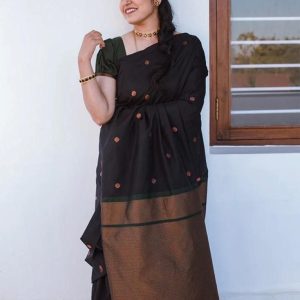 AXONIT Women's Soft Jacquard Heritage Silk Saree with Golden Zari Buti Work with Unstitched Blouse Piece - Bottle Green-Maroon