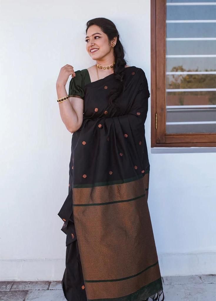 AXONIT Women's Soft Jacquard Heritage Silk Saree with Golden Zari Buti Work with Unstitched Blouse Piece - Bottle Green-Maroon