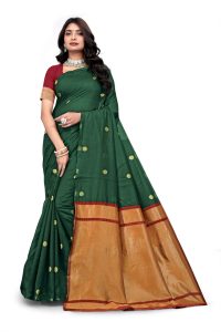 AXONIT Women's Soft Jacquard Heritage Silk Saree with Golden Zari Buti Work with Unstitched Blouse Piece - Bottle Green-Maroon