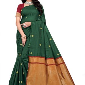 AXONIT Women's Soft Jacquard Heritage Silk Saree with Golden Zari Buti Work with Unstitched Blouse Piece - Bottle Green-Maroon