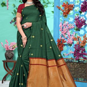 AXONIT Women's Soft Jacquard Heritage Silk Saree with Golden Zari Buti Work with Unstitched Blouse Piece - Bottle Green-Maroon