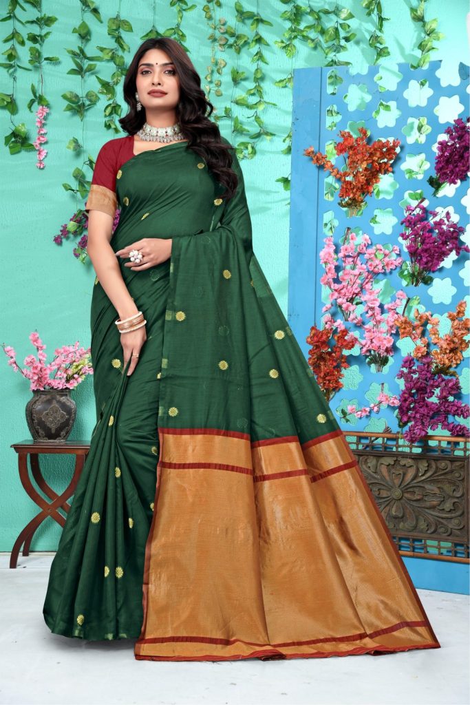 AXONIT Women's Soft Jacquard Heritage Silk Saree with Golden Zari Buti Work with Unstitched Blouse Piece - Bottle Green-Maroon