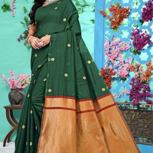 AXONIT Women's Soft Jacquard Heritage Silk Saree with Golden Zari Buti Work with Unstitched Blouse Piece - Bottle Green-Maroon