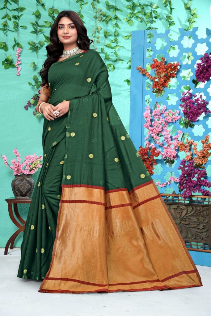 AXONIT Women's Soft Jacquard Heritage Silk Saree with Golden Zari Buti Work with Unstitched Blouse Piece - Bottle Green-Maroon