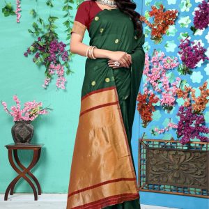 AXONIT Women's Soft Jacquard Heritage Silk Saree with Golden Zari Buti Work with Unstitched Blouse Piece - Bottle Green-Maroon