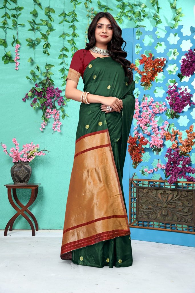 AXONIT Women's Soft Jacquard Heritage Silk Saree with Golden Zari Buti Work with Unstitched Blouse Piece - Bottle Green-Maroon