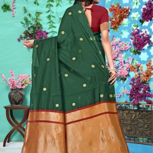 AXONIT Women's Soft Jacquard Heritage Silk Saree with Golden Zari Buti Work with Unstitched Blouse Piece - Bottle Green-Maroon