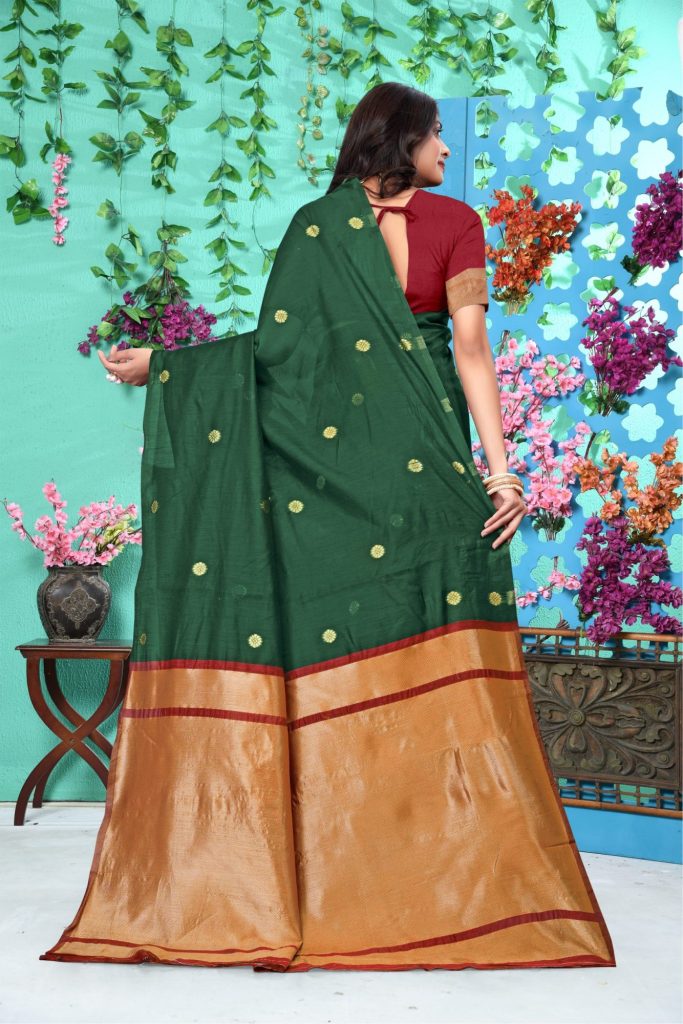 AXONIT Women's Soft Jacquard Heritage Silk Saree with Golden Zari Buti Work with Unstitched Blouse Piece - Bottle Green-Maroon