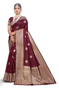 AXONIT Women's Premium Banarasi Silk Saree with Butti & Traditional Motifs Design with Unstitched Blouse Piece - Maroon