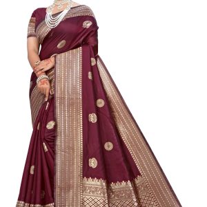 AXONIT Women's Premium Banarasi Silk Saree with Butti & Traditional Motifs Design with Unstitched Blouse Piece - Maroon