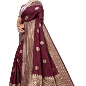 AXONIT Women's Premium Banarasi Silk Saree with Butti & Traditional Motifs Design with Unstitched Blouse Piece - Maroon
