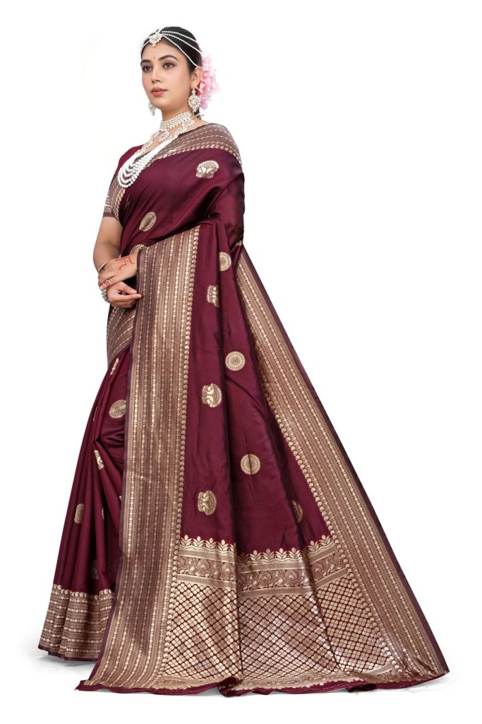 AXONIT Women's Premium Banarasi Silk Saree with Butti & Traditional Motifs Design with Unstitched Blouse Piece - Maroon