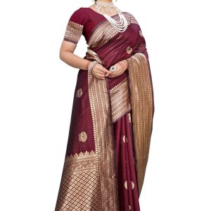 AXONIT Women's Premium Banarasi Silk Saree with Butti & Traditional Motifs Design with Unstitched Blouse Piece - Maroon