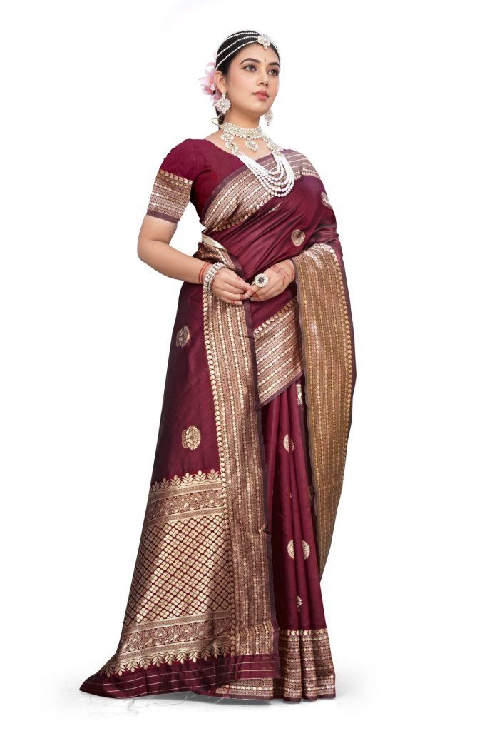 AXONIT Women's Premium Banarasi Silk Saree with Butti & Traditional Motifs Design with Unstitched Blouse Piece - Maroon