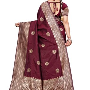 AXONIT Women's Premium Banarasi Silk Saree with Butti & Traditional Motifs Design with Unstitched Blouse Piece - Maroon