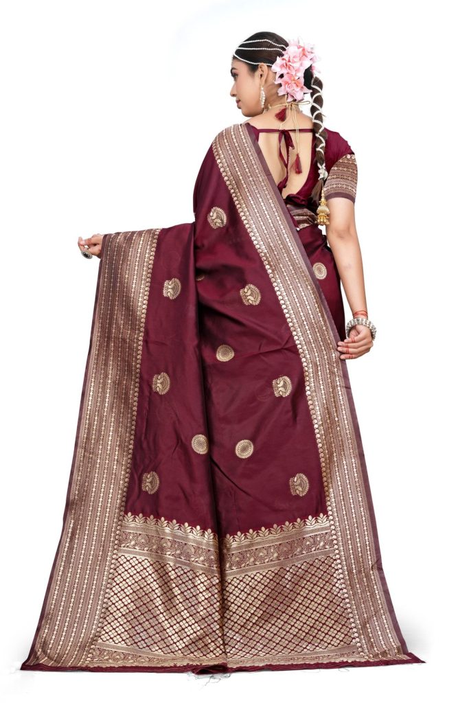 AXONIT Women's Premium Banarasi Silk Saree with Butti & Traditional Motifs Design with Unstitched Blouse Piece - Maroon