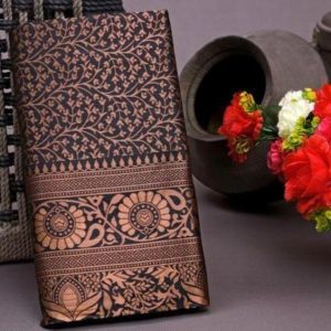 AXONIT Women's Premium Banarasi Silk Saree with Floral & Traditional Patterns & Heavy Golden Zari Border with Unstitched Blouse Piece - Black