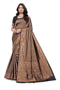 AXONIT Women's Premium Banarasi Silk Saree with Floral & Traditional Patterns & Heavy Golden Zari Border with Unstitched Blouse Piece - Black
