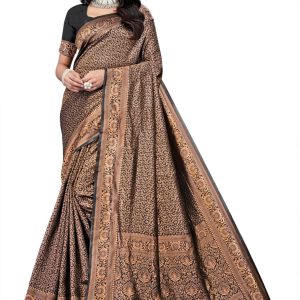 AXONIT Women's Premium Banarasi Silk Saree with Floral & Traditional Patterns & Heavy Golden Zari Border with Unstitched Blouse Piece - Black