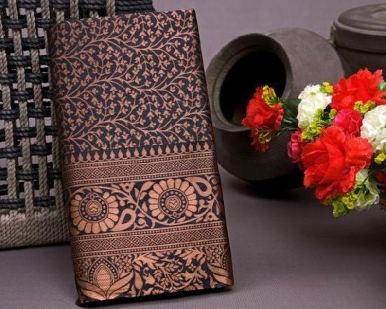AXONIT Women's Premium Banarasi Silk Saree with Floral & Traditional Patterns & Heavy Golden Zari Border with Unstitched Blouse Piece - Black