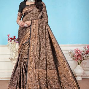 AXONIT Women's Premium Banarasi Silk Saree with Floral & Traditional Patterns & Heavy Golden Zari Border with Unstitched Blouse Piece - Black