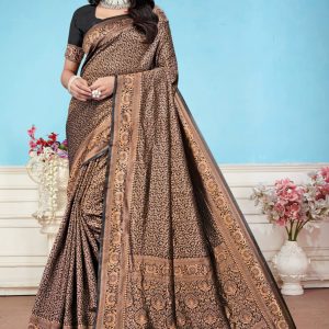AXONIT Women's Premium Banarasi Silk Saree with Floral & Traditional Patterns & Heavy Golden Zari Border with Unstitched Blouse Piece - Black