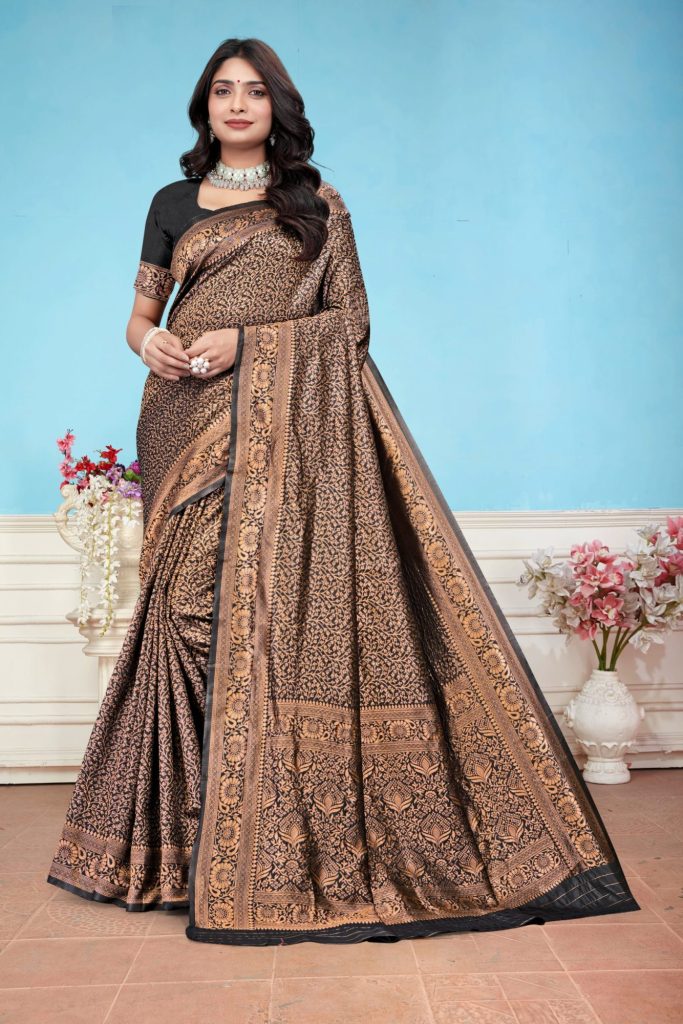 AXONIT Women's Premium Banarasi Silk Saree with Floral & Traditional Patterns & Heavy Golden Zari Border with Unstitched Blouse Piece - Black
