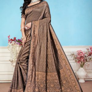 AXONIT Women's Premium Banarasi Silk Saree with Floral & Traditional Patterns & Heavy Golden Zari Border with Unstitched Blouse Piece - Black