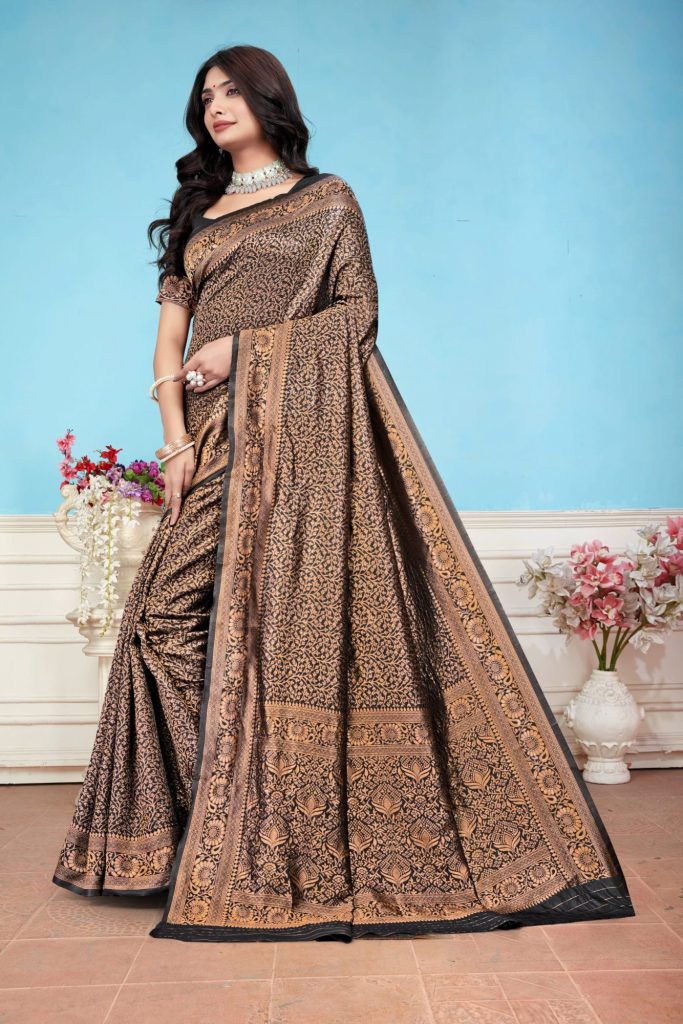 AXONIT Women's Premium Banarasi Silk Saree with Floral & Traditional Patterns & Heavy Golden Zari Border with Unstitched Blouse Piece - Black