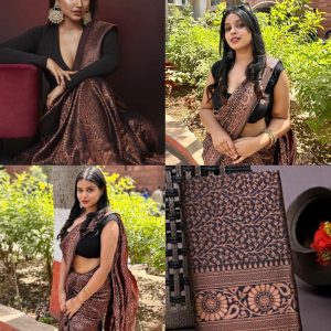 AXONIT Women's Premium Banarasi Silk Saree with Floral & Traditional Patterns & Heavy Golden Zari Border with Unstitched Blouse Piece - Black
