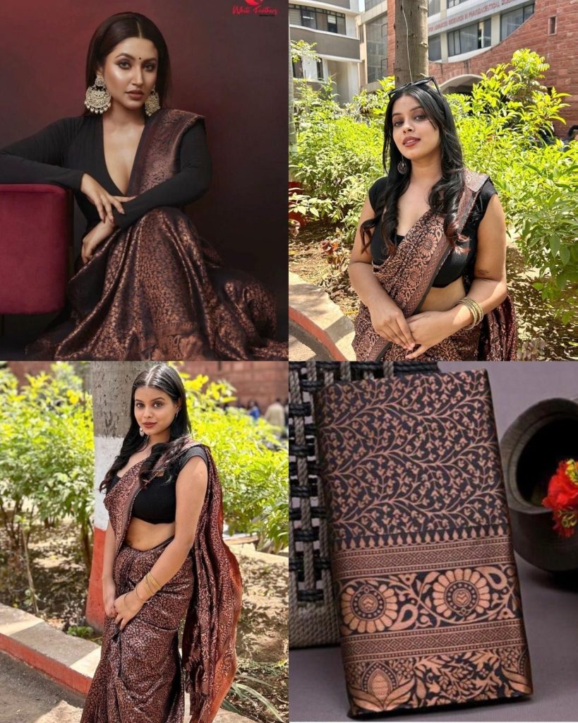 AXONIT Women's Premium Banarasi Silk Saree with Floral & Traditional Patterns & Heavy Golden Zari Border with Unstitched Blouse Piece - Black