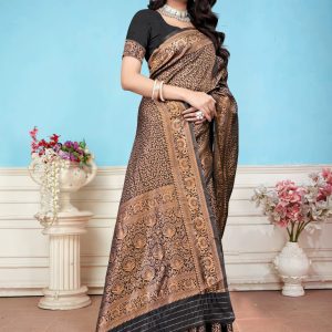 AXONIT Women's Premium Banarasi Silk Saree with Floral & Traditional Patterns & Heavy Golden Zari Border with Unstitched Blouse Piece - Black