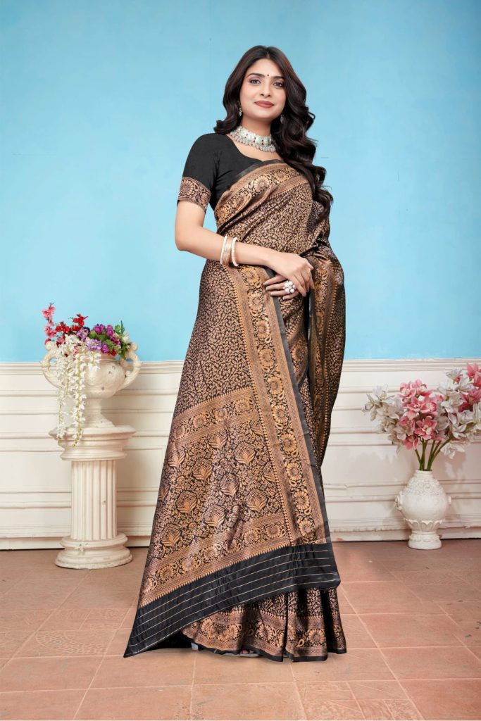 AXONIT Women's Premium Banarasi Silk Saree with Floral & Traditional Patterns & Heavy Golden Zari Border with Unstitched Blouse Piece - Black